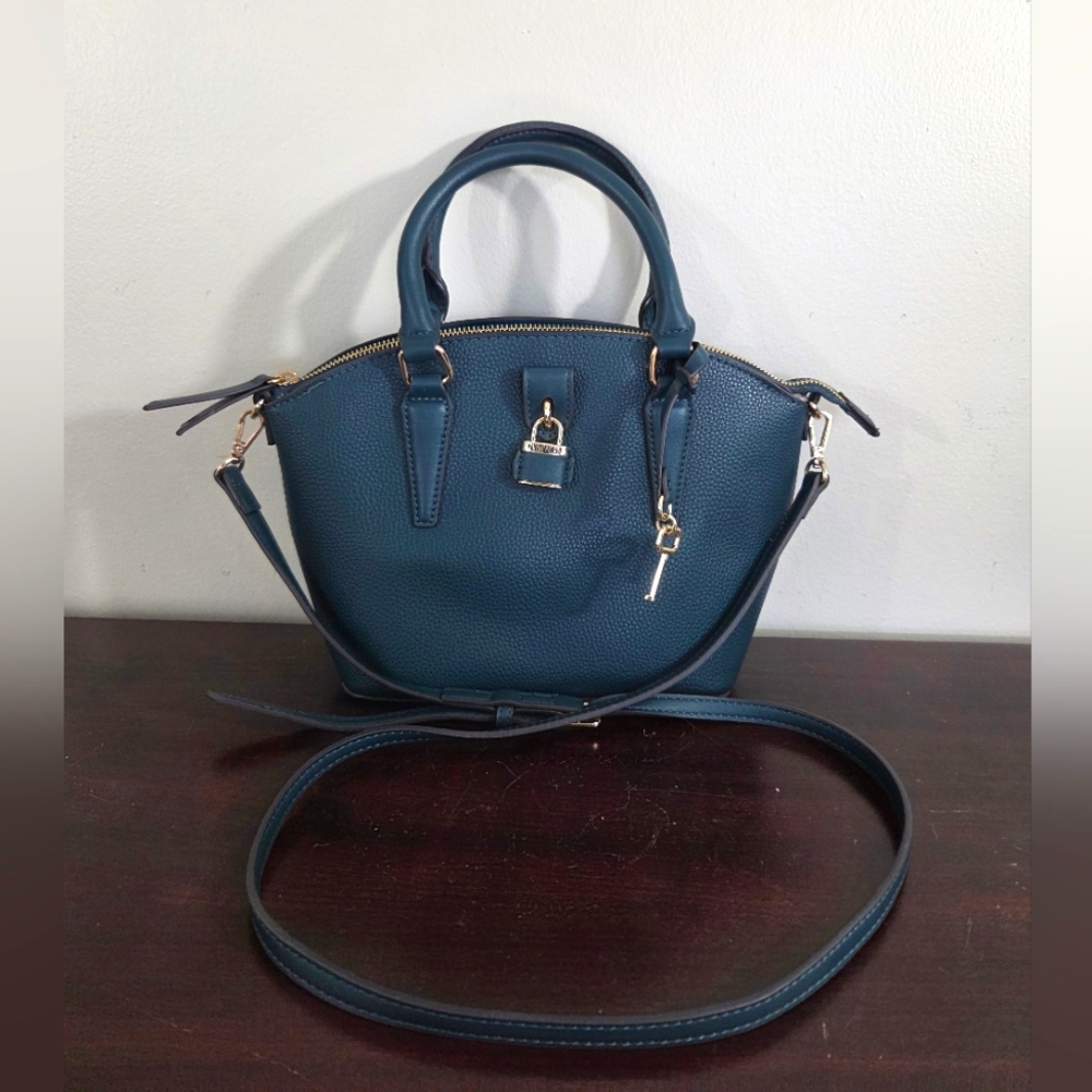 Nine West Dark Blue Teal Faux Leather Satchel Crossbody Gold Hardware Pre-Owned
